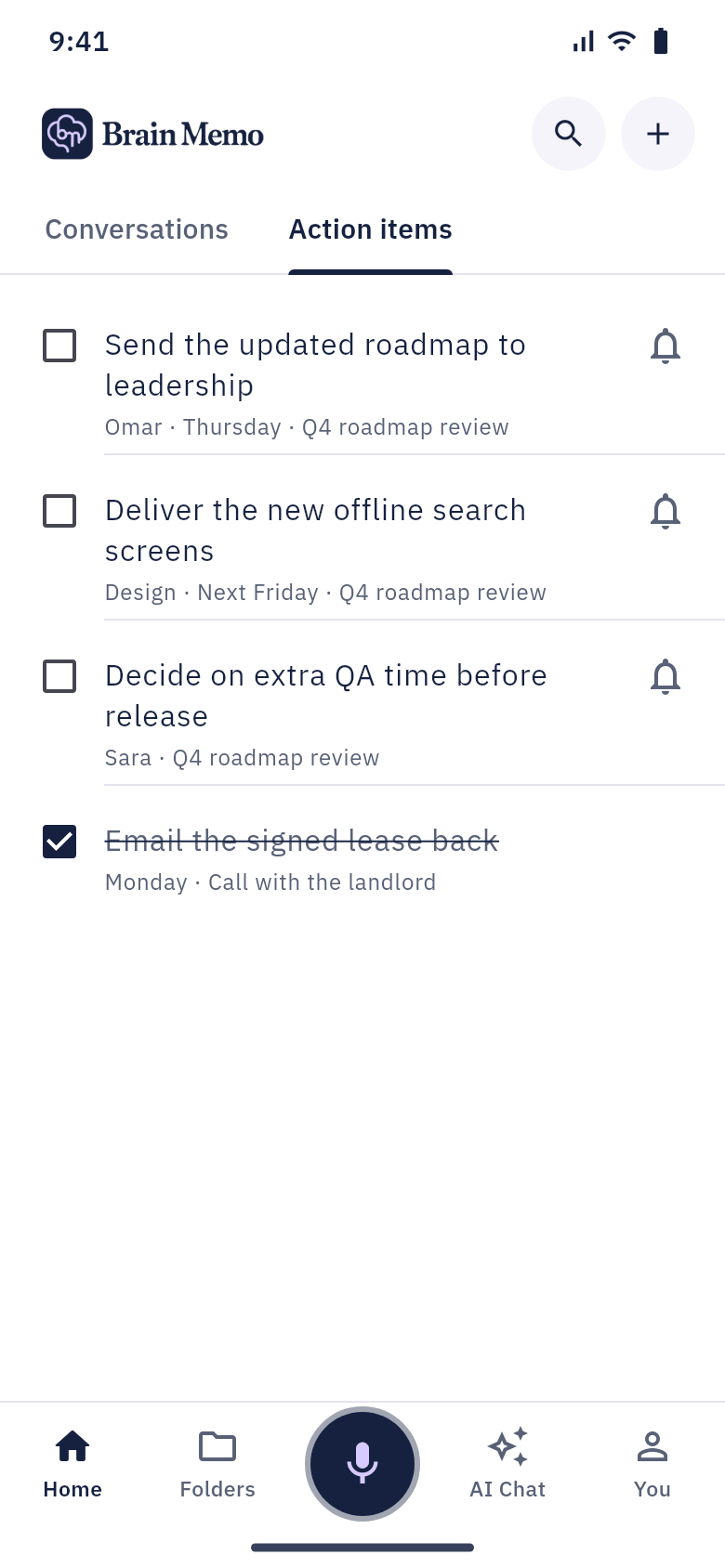 Action items list with owners and due dates