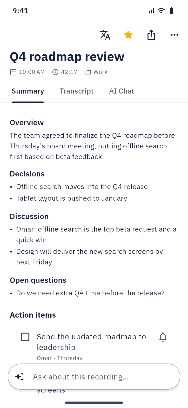 Summary with overview, decisions, discussion and open questions